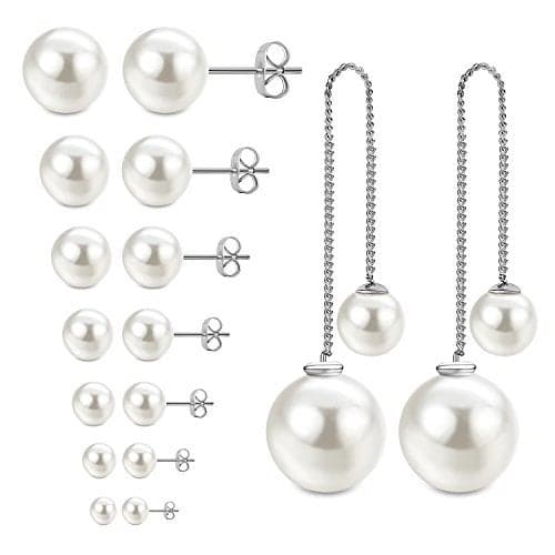 JewelrieShop Pearl Earrings Faux Ball Pearl Studs Hypoallergenic Drop Dangle Earrings for Women (7 Pairs Studs Mix Size and 1 Pairs Dangle)