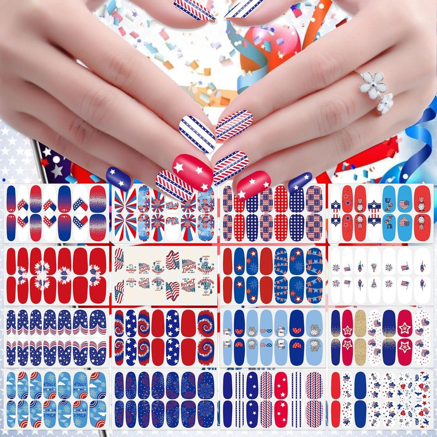 JERCLITY 224 Pieces 16 Sheets 4th of July Nail Wraps for Women Independence Day Nail Polish Strips Patriotic American Flag Nail Strips Self-Adhesive Nail Stickers with Nail File for Memorial Day