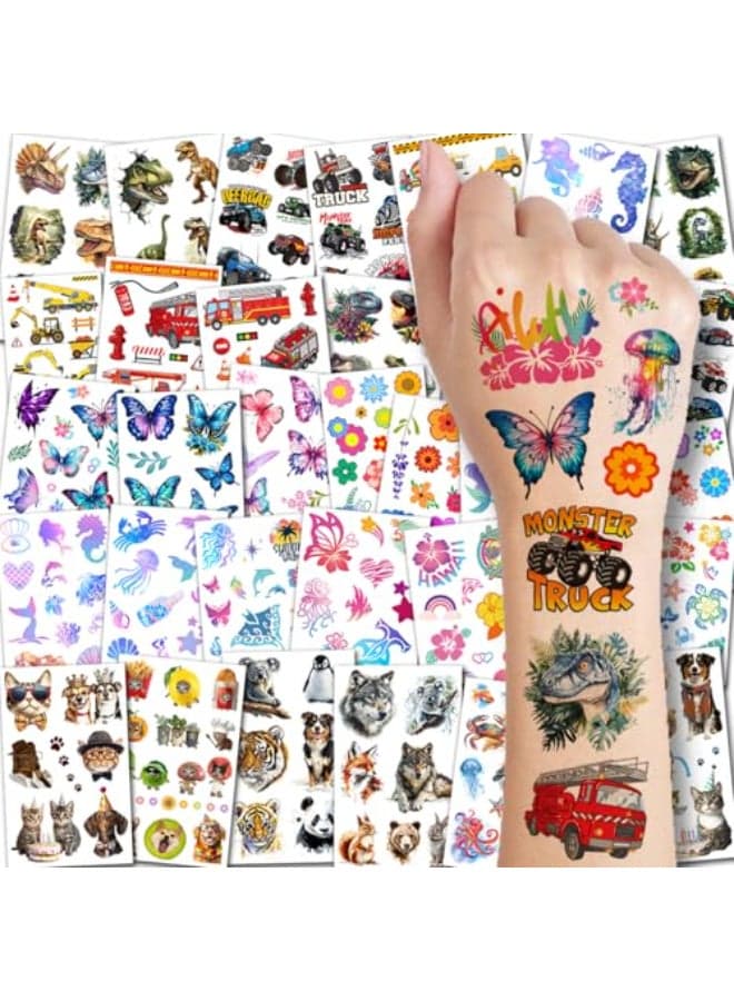 CHARLENT Temporary Tattoos for Kids 320 Mixed Styles 36 Sheets Tattoo Stickers Set for Boys and Girls Car Dinosaur Hawaii Mermaid Watercolor Animals Tattoos for Kids Birthday Party Supplies