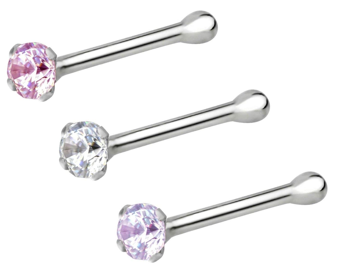 Forbidden Body Jewelry Nose Rings Sterling Silver CZ Simulated Diamond Micro Nose Studs 22G Set of 3 (Clr/Rose/LP)