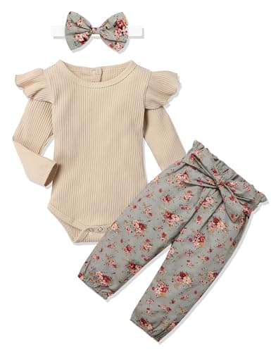 KANGKANG Baby Girl Clothes 0-3 Months Baby Girl Outfits Ribbed Ruffle Sleeve Romper + Floral Pants + Cute Headband Baby Clothes for Girls Infant Girl Clothes Light Brown 3Pcs