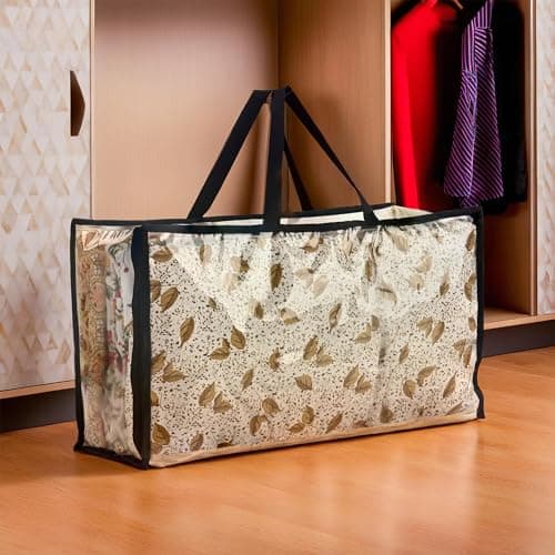 Kuber Industries Polyvinyl Chloride Waterproof Storage Bags For Clothes|Wardrobe Organizer|Transparent Travel Organizer Bag With Handle|Large|Black,60 * 33 * 23 Cm