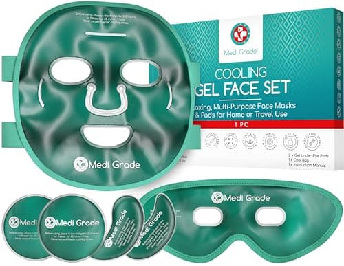 Medi Grade Cooling Ice Face Mask and Cooling Eye Mask for Puffy Eyes Migraine Relief Self Care Face Ice Pack with ChillGel Face Ice Mask Technology Cooling Face Mask Eye Pads and Bag