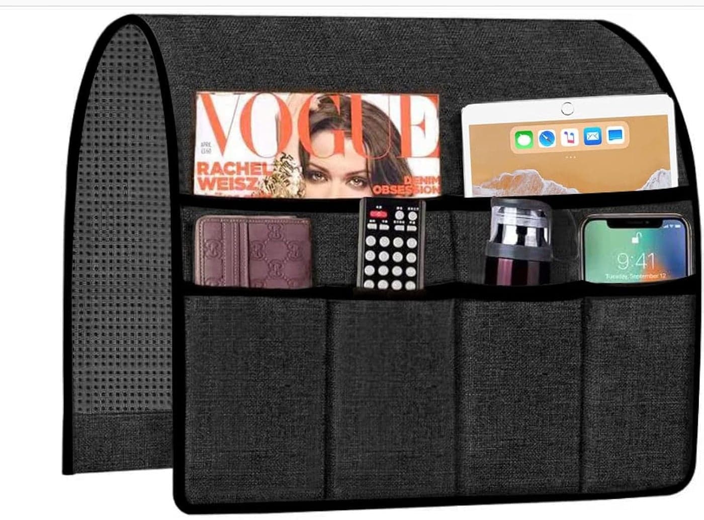Armrest Caddy Organizer Storage Holder for Couch Sofa Armchair Fit Magazine Reading Glasses Books TV Remote Control Cell Phone iPad 19x35 Inches Black