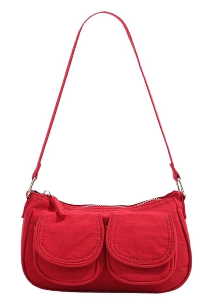 Double Pocket Shoulder Bag in Red Canvas with Zipper Closure