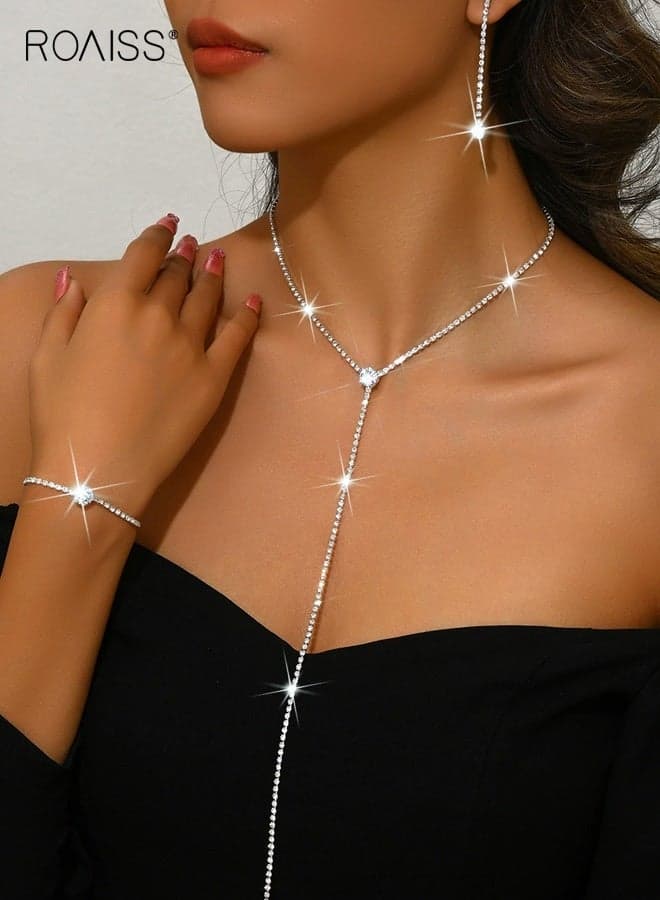 Women’s Long Y Row Rhinestone Necklace Earrings Bracelet Set in Silver Fashion Forward Ultra Versatile Sparkle That Layers Gracefully with Any Neckline Wedding Gala