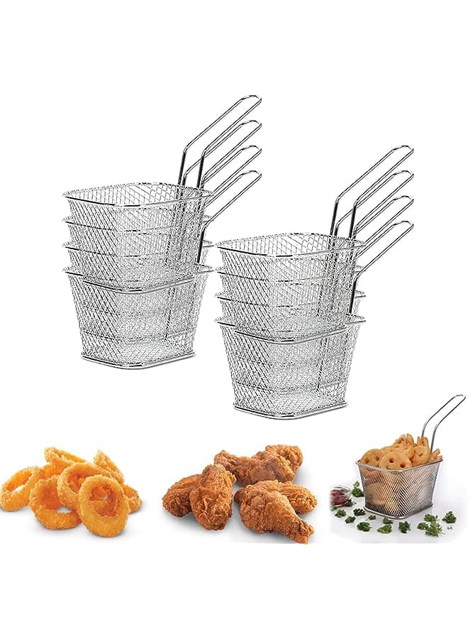 Square Fry Basket Steel French Fry Chip Basket Food Baskets for Serving Stainless Steel Fry Basket with Handle Reusable Fries Holder Mini Deep Fryer with Basket for Home Decor 8 PCS
