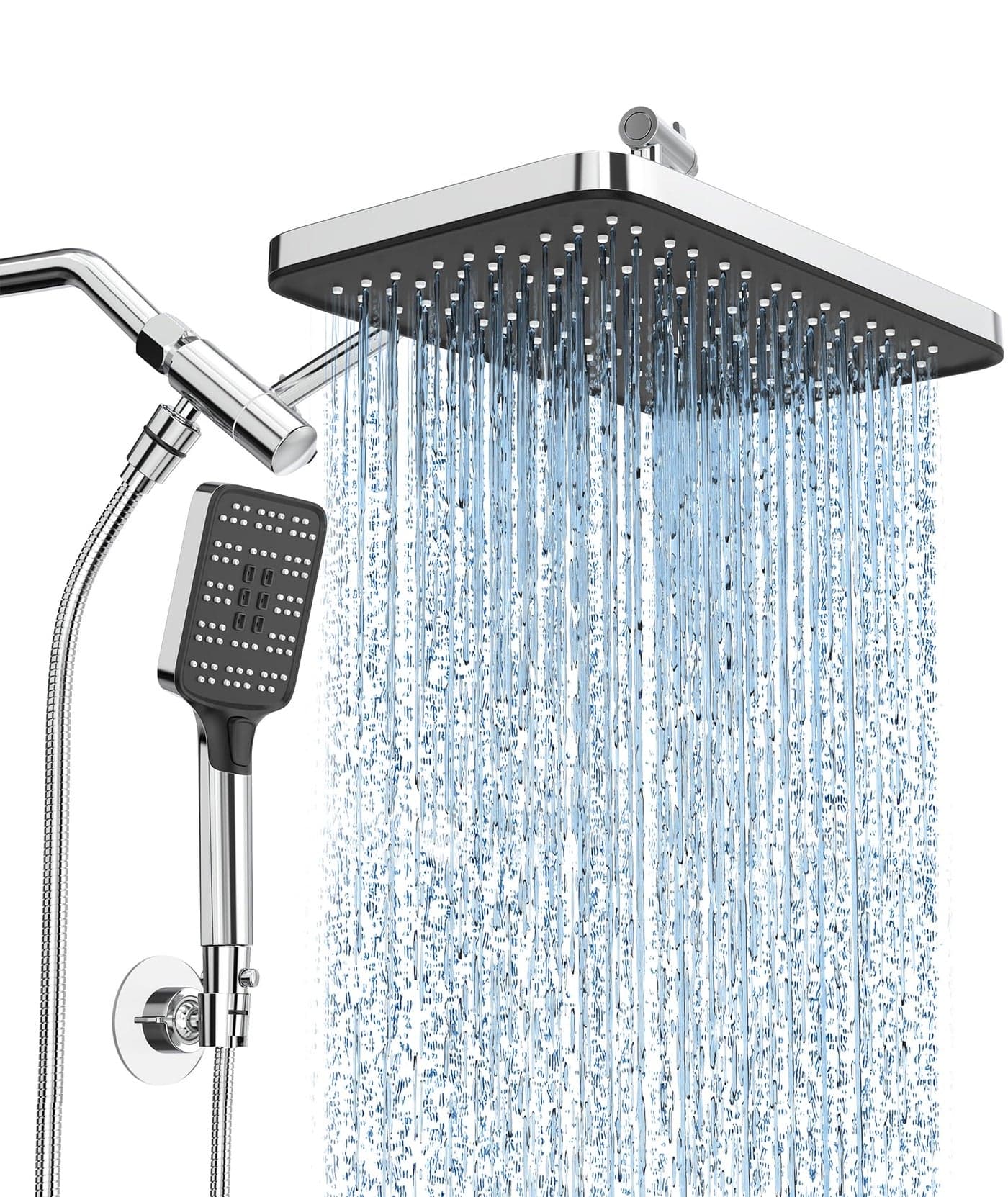 High Pressure Rain Shower Head with Handheld Spray Combo Set, Adjustable 12" Rainfall Dual Shower Head, Double&Tandem Shower Head, Waterfall Showerhead Bathroom -Silver Chrome
