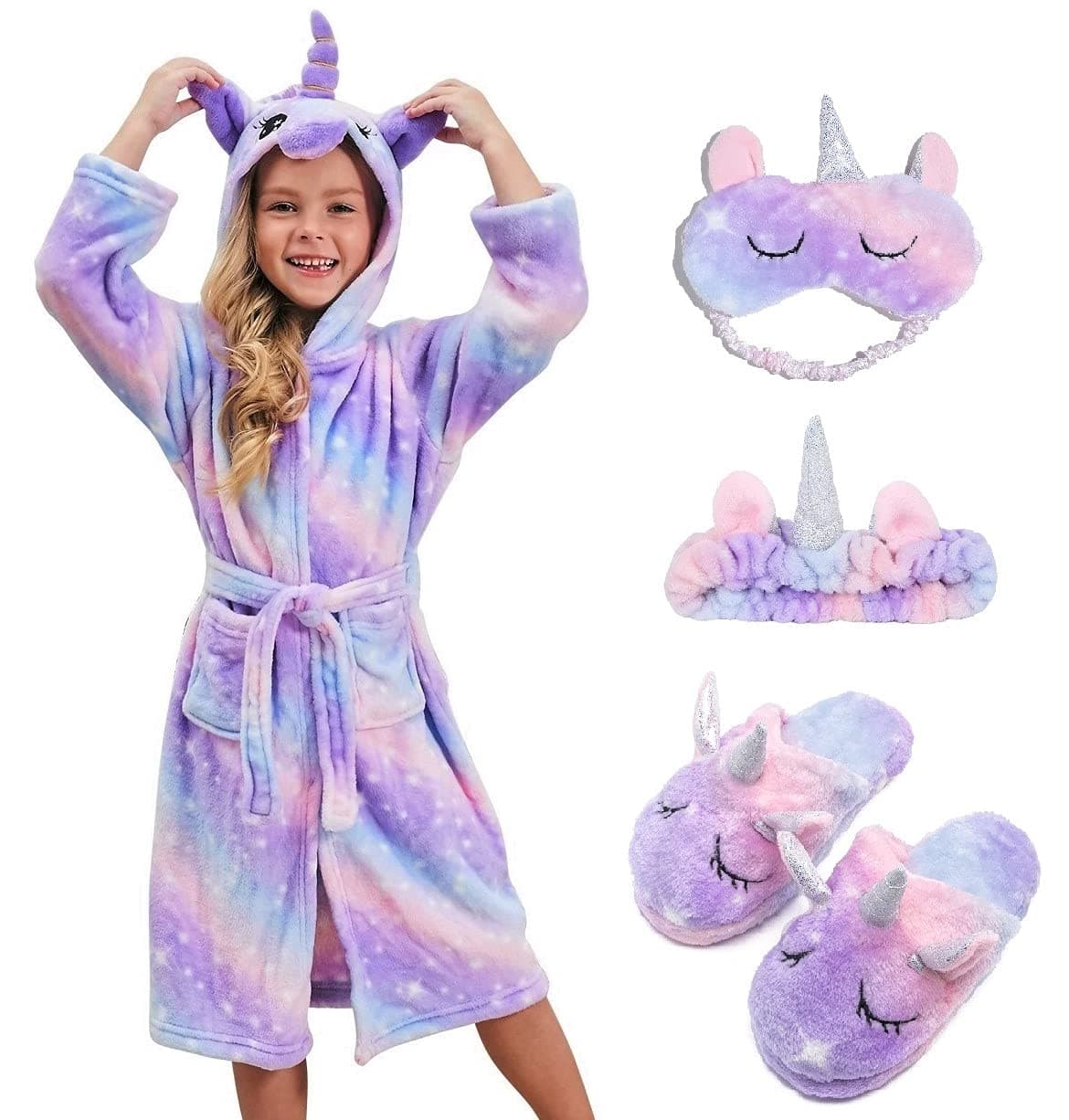 CHETOSHO Soft Unicorn Hooded Robe with Matching Slippers Headband and Blindfold for Girls - Purple Stars 10-12 Years