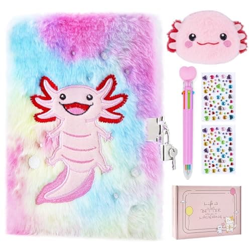 PJDRLLC Axolotl Diary with Lock Gift for 8 9 10 Year Old Girl Secret Diary Journal Notebook with Coin Purse Multicolored Pen Stickers Practical Gift for Birthday Christmas