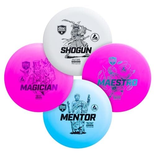 Discmania Disc Golf Starter Kit 4 Pack Active Line Beginner Disc Golf Set Shogun Maestro Magician Mentor Base Plastic Easy to Throw Ideal Gift for New Players Colors May Vary