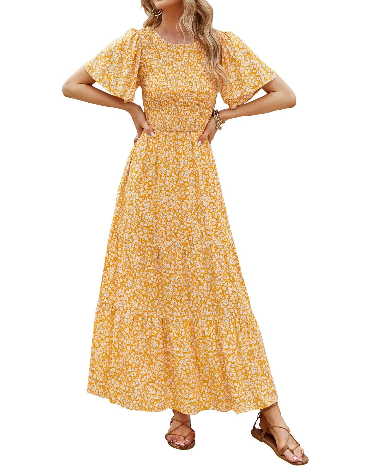 ZESICA Women's 2025 Summer Casual Floral Print Short Flutter Sleeve Crew Neck Smocked High Waist Flowy Maxi Dress,Yellow,X-Large
