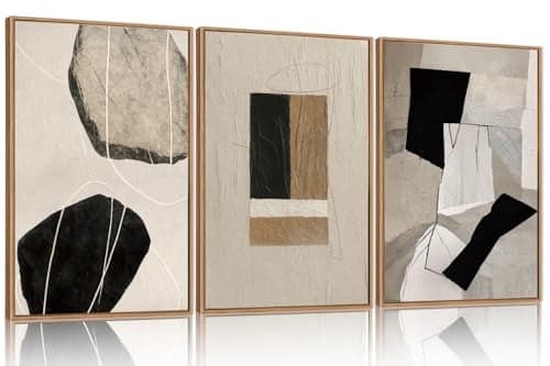 FWIEXA Modern Abstract Wall Art Set of 3, Black White Framed Paintings for Living Room, Neutral Beige Pictures Wall Decor, 16x24 Inch Minimalist Prints for Bedroom, Bathroom, Hallway, Office