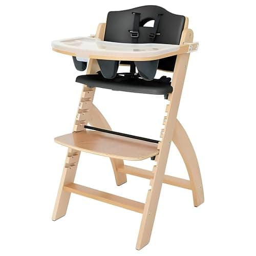 Abiie Beyond Junior Wooden High Chair with Tray Adjustable and Convertible High Chair for Babies and Toddlers 6 Months to 250 Lb Water Resistant Natural WoodBlack Pearl Cushion