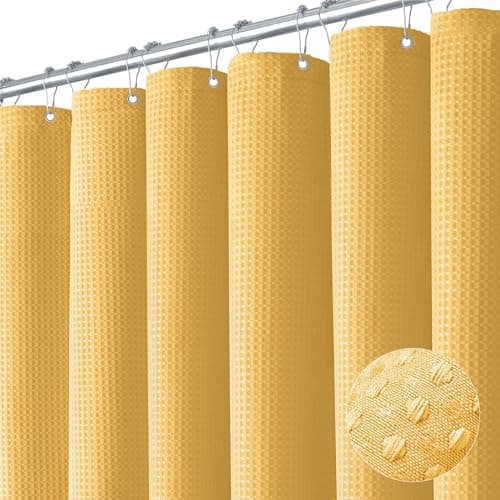 Dynamene Gold Fabric Shower Curtain Waffle Weave Textured Heavy Duty Cloth Shower Curtains for Bathroom 256GSM Hotel Luxury Weighted Bath Curtain Set with 12 Hooks72x72 Gold