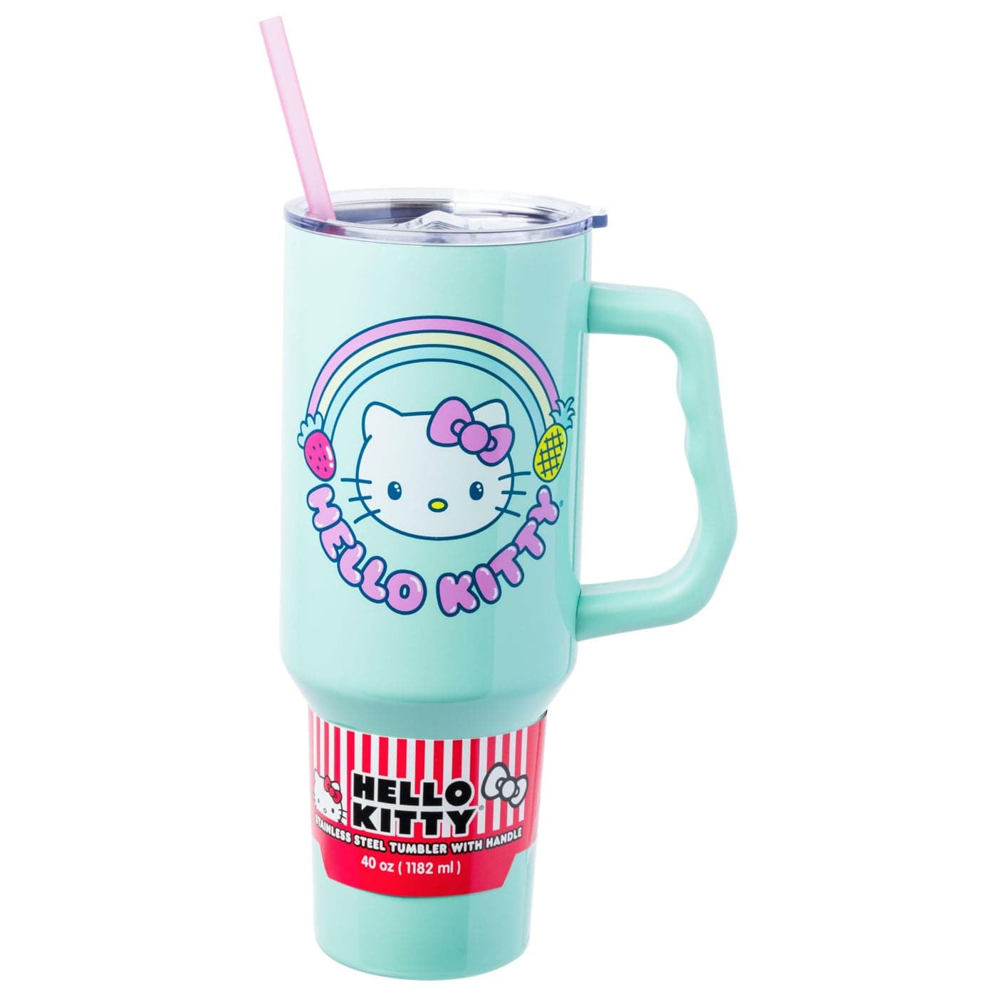 Silver Buffalo Sanrio Hello Kitty Kawaii Strawberry Pineapple and Rainbows Stainless Steel Tumbler with Handle and Straw Fits in Standard Cup Holder 40 Ounces
