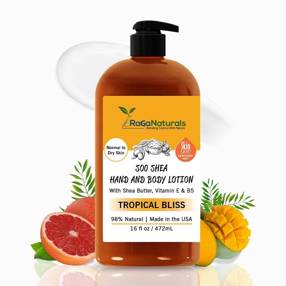 RaGaNaturals Natural Mango Body Lotion for Dry Skin Tropical Bliss Moisturizer with Shea Butter Vitamin E B5 Argan Avocado Oil Refreshing Fruity Scent Plant Based NonGreasy Vegan 16 Oz
