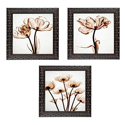 Indianara Set of 3 Abstract Modern Flowers Framed Wall Hanging Laminated Paintings Matt Art Prints 9 inch x 9 inch each without Glass (2930)