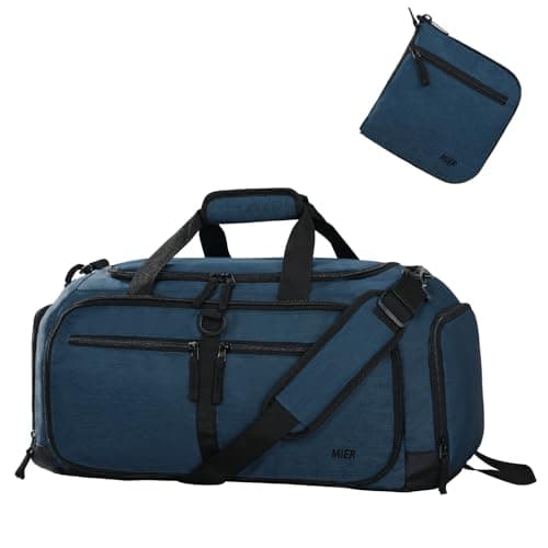 MIER Foldable Duffle Bag with Shoe Compartment 50L Travel Duffel Bags for Men Women Packable Overnight Bag for Camping Gym Weekender, Drak Blue