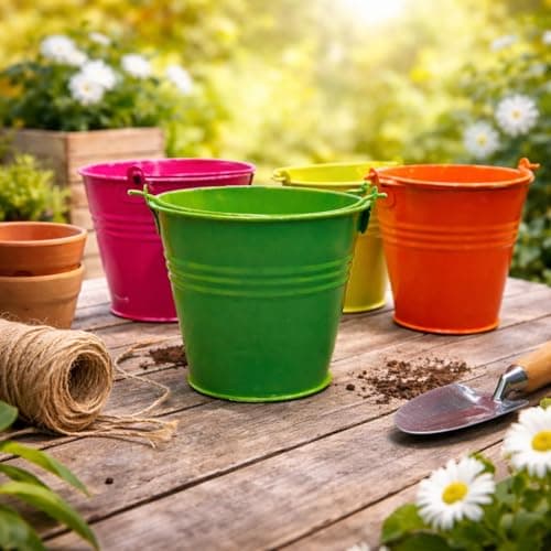 Grob Colourful 3 Inch Mini Buckets Pack of 4 |Ideal Mini Flower Pots Perfect Desk Organizing Tiny Buckets for Stationery Items for Home Decor|Powder Coated Iron|Smart Living Product - Multicolour