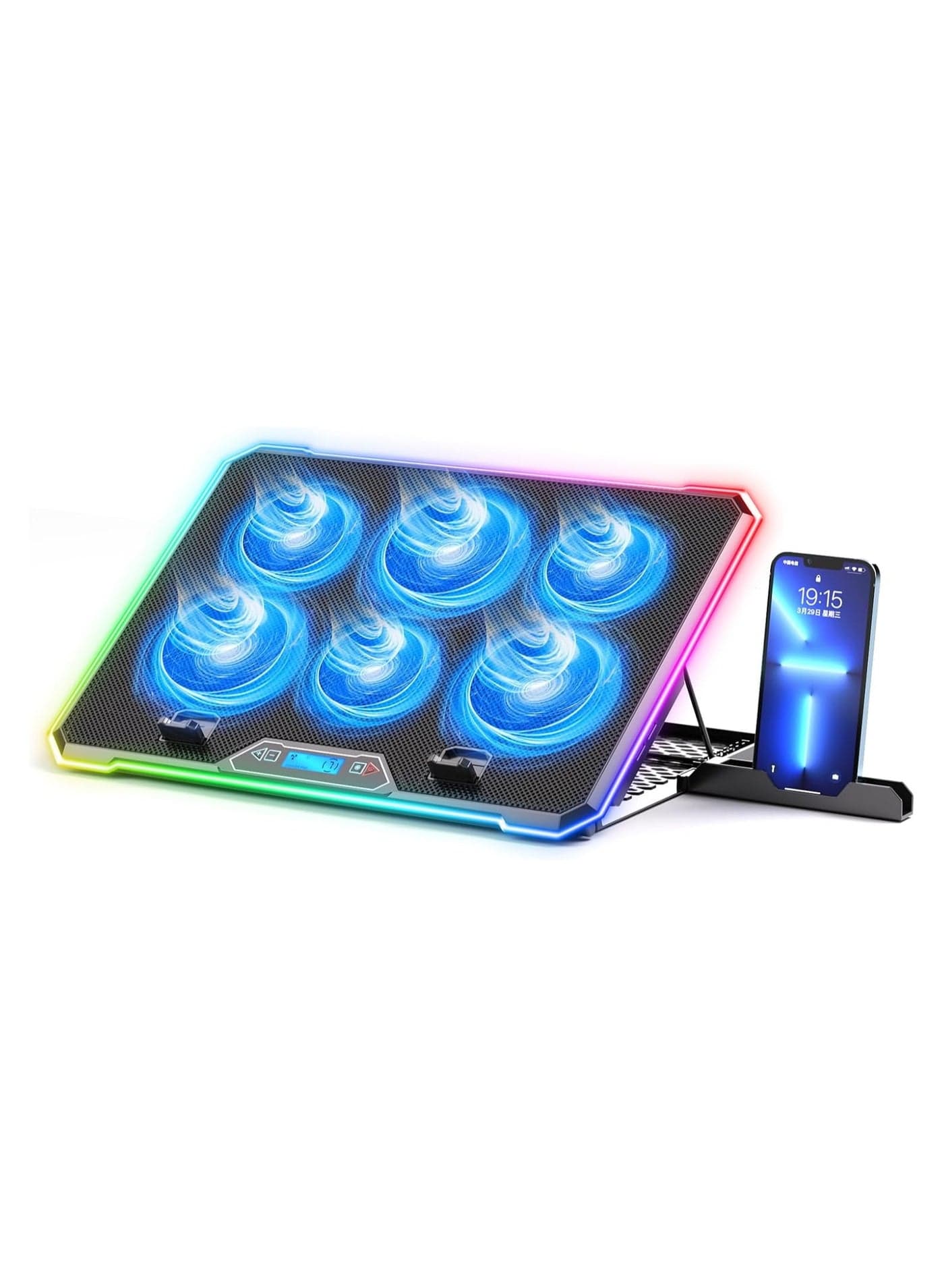 RGB Cooling Pad Gaming Laptop Cooler, Laptop Fan Cooling Stand with 6 Quiet for 15.6-17.3 inch laptops, 9 Height Stand, LED Lights u0026 LCD Screen, 2 USB Ports, Lap Desk Use