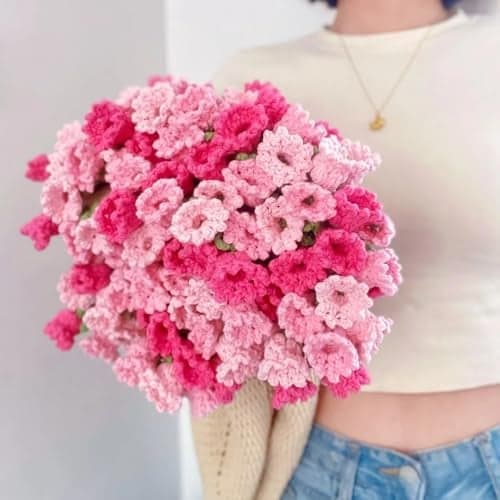 SLITHICE Handmade Crochet Flower Bouquet Blanket - 100% Acrylic Round Throw for Valentine's Day, Boho Home Decor (31"/43"/63", Rose/Lily/Sunflower)(Lily of The Valley(Mixed Pink), 31.5'')