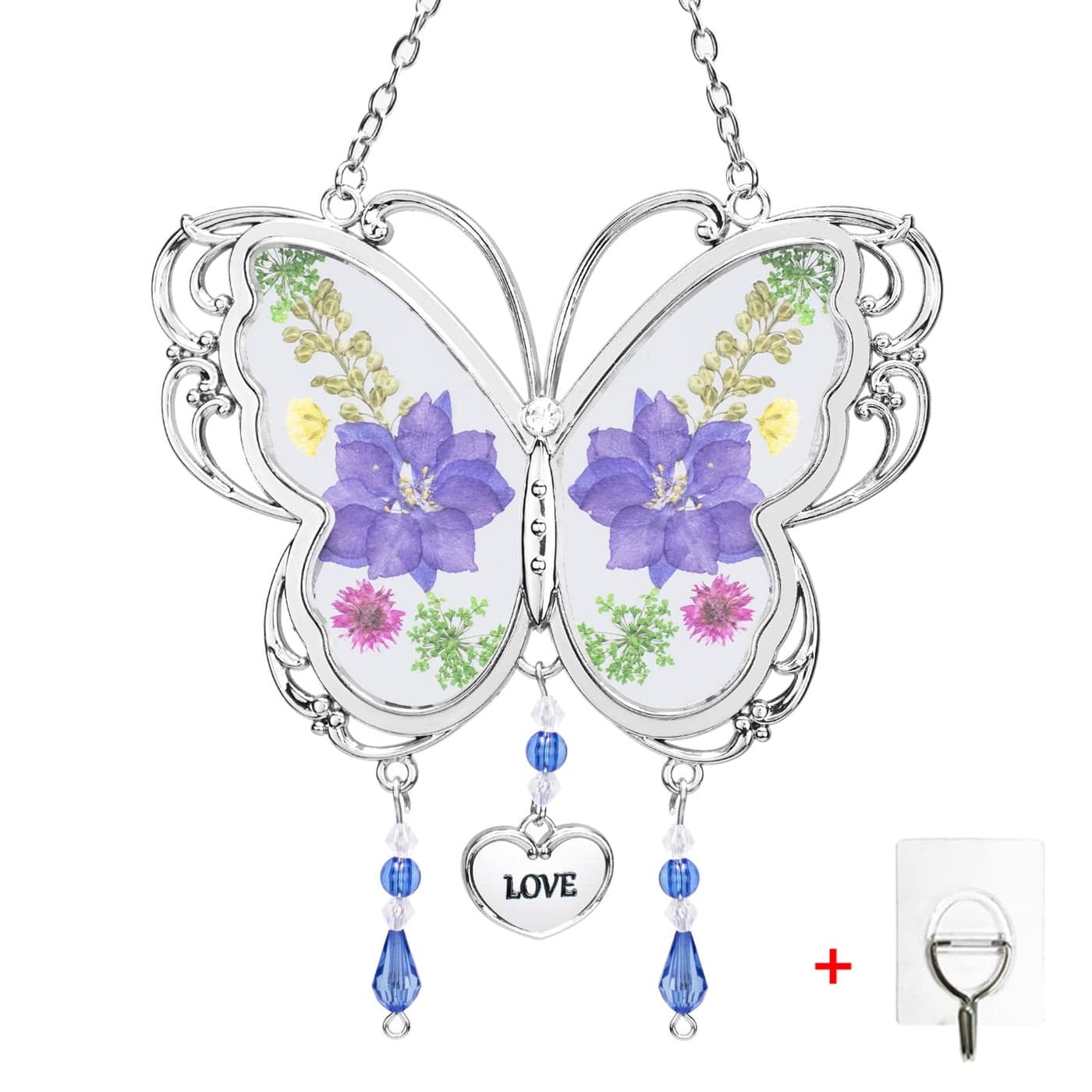 BOGDAN Crystal Butterfly Suncatcher with Pressed Flower Wings Mom Mothers Day Butterfly Glass Wind Chime Ornament Charm with Metal Heart Happy Birthday Gifts for Mom Grandma with Free Hook Love