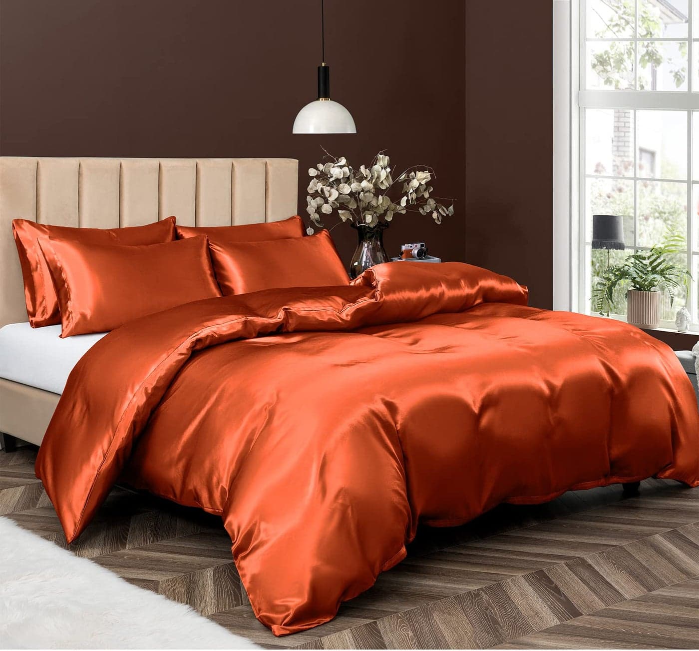 P Pothuiny 5 Pieces Satin Duvet Cover King Size Set Luxury Silky Like Burnt Orange Duvet Cover Bedding Set with Zipper Closure 1 Duvet Cover 4 Pillow Cases No Comforter