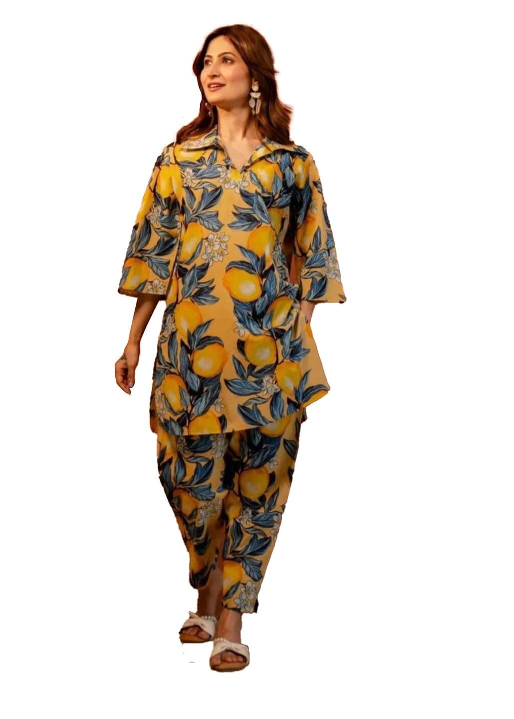 Trendy Queen Women Lemon Print Co Ord Set Kurta Pant Summer Casual Lounge Outfit Three Quarter Sleeve Button Top Relaxed Fit Trousers Floral Citrus Design