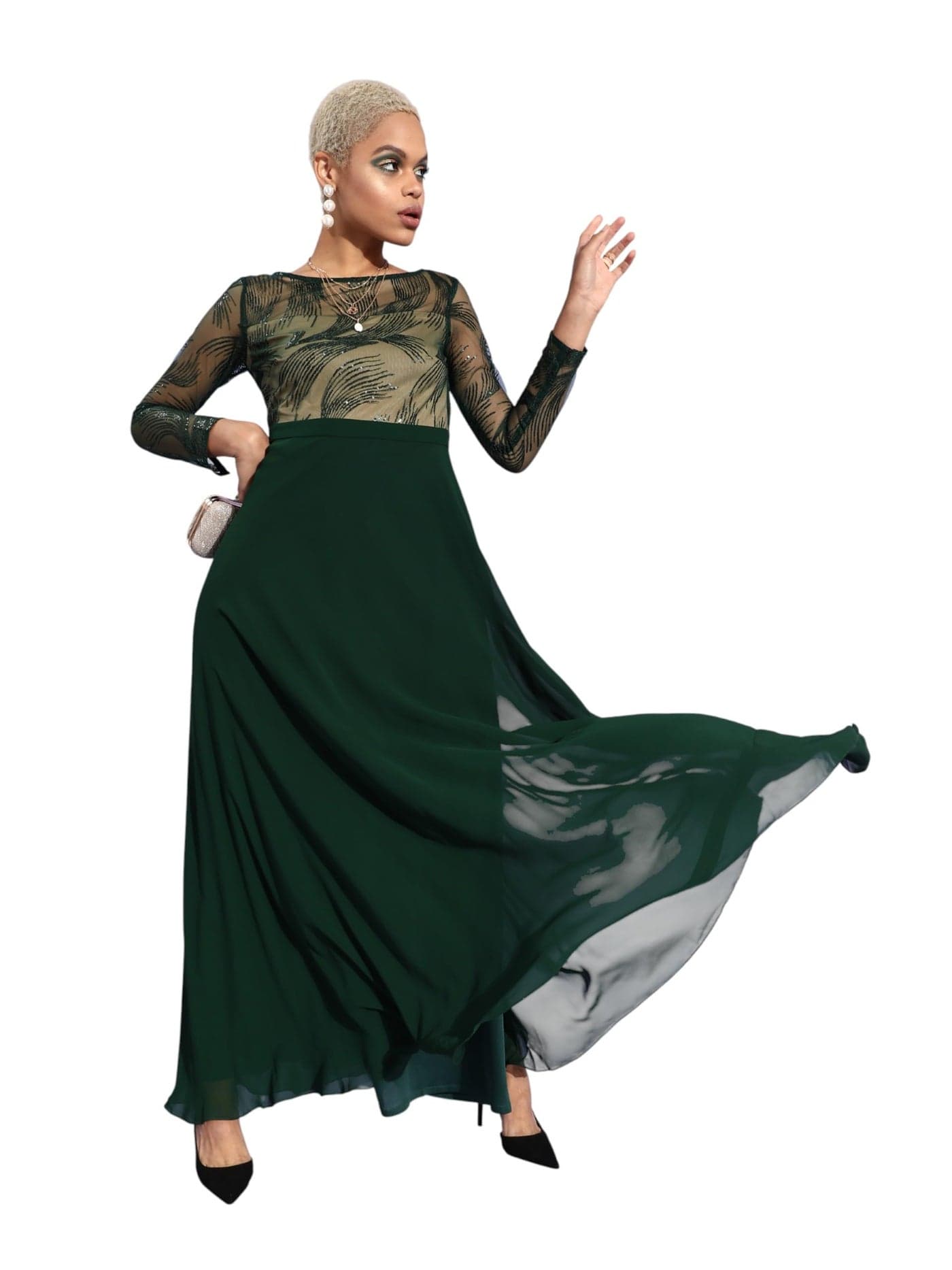 Miss Chase Women's Embellished Maxi Dress (MCAW22D99-88-243-05, Green & Beige, L)