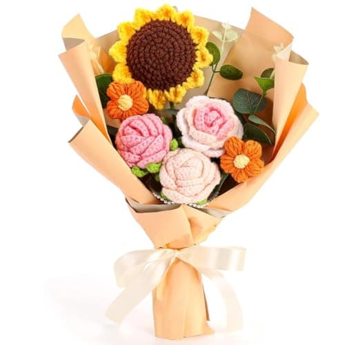 HASTHIP ® Fabric Handmade Crochet Flowers Bouquet | Sunflowers & Roses | Desk Decoration & Gift | Box Packed | Versatile & Easy Maintenance | Ideal for Indian Women, Mother's Day & Birthdays