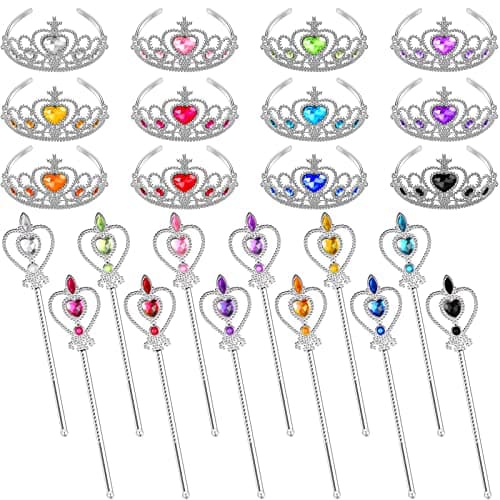 Lewtemi Princess Dressup Accessories 24 Pieces Princess Crowns and Wands Heart Adult Wand and Crown Plastic Queen Tiara and Wand for Party Supplies Girls over 12 years old
