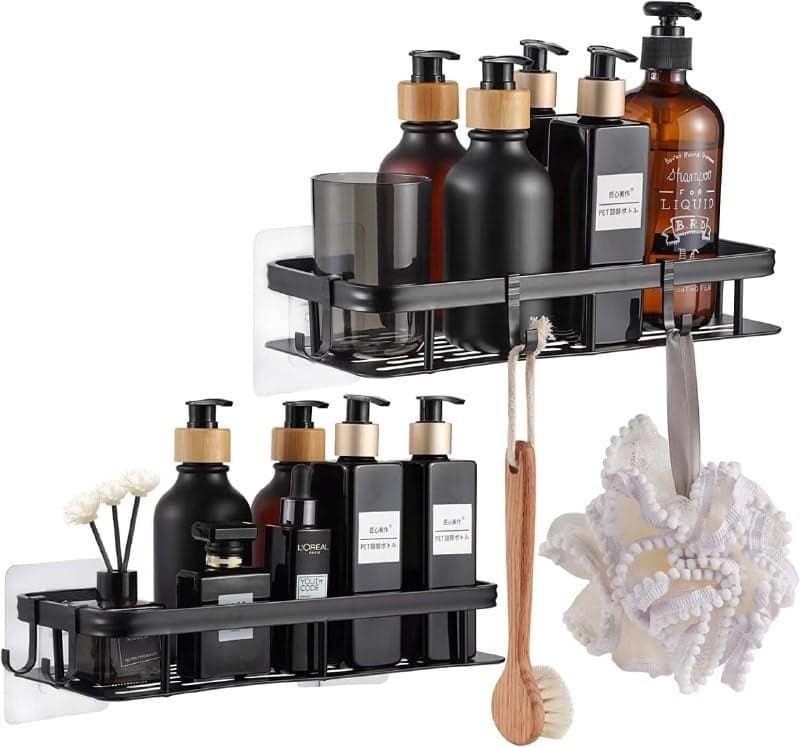 MVM Enterprise Shower Caddy Shelf Organizer Rack Self Adhesive Black Bathroom Shelves Basket Home Farmhouse Wall Inside Organization and Storage Decor First Camper Apartment Essentials