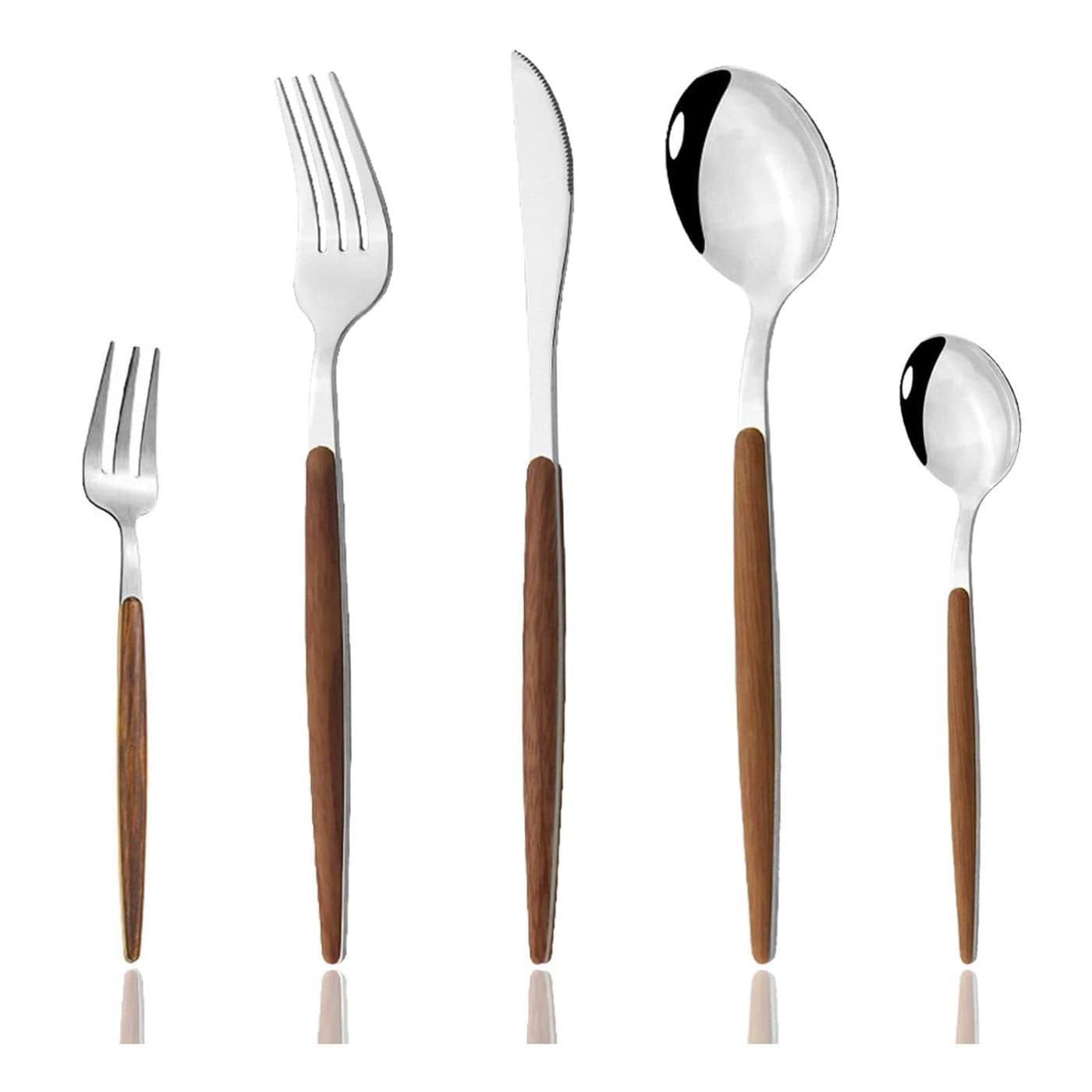 Besillia Flatware Cutlery Set Service for 1 Stainless Steel Silverware Set with Imitated Wooden Handle Tableware Sets Including Forks Spoons Knives Shiny Silver