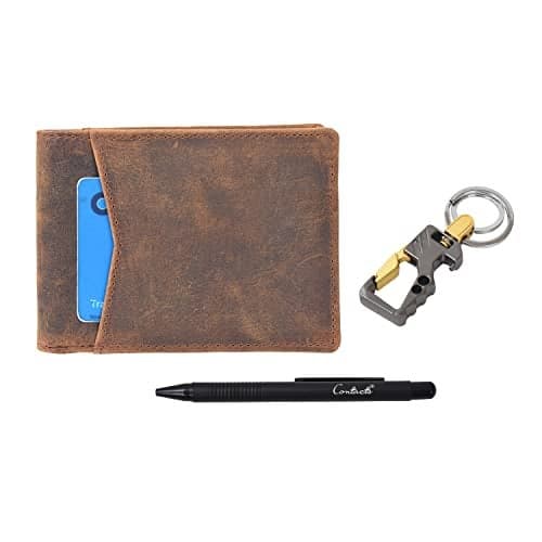 Contacts Men's Genuine Leather RFID Blocking Card Holder Wallet Case with Keychain & Pen (N82-Brown)…