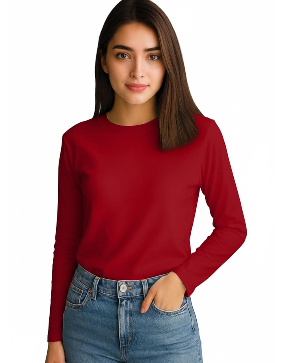 JUNEBERRY® Pure Cotton Round Neck Regular Fit Core Fashion Solid Full Sleeve T-Shirt for Women & Girls (JB_FS_REG_RD_S) Red