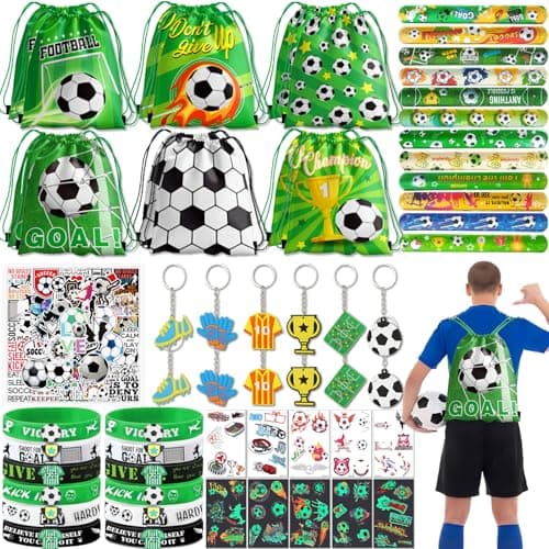 122Pcs Soccer Party Favors Soccer Goodie Bags for boys Includes 12Pcs 13 x 11 Inch Soccer Drawstring Bags Slap Silicone Bracelet Keychain Tattoo Stickers for Soccer Party Decorations Supplies