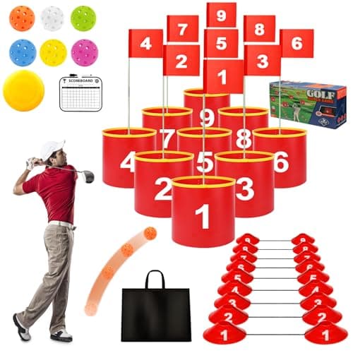 FINCOME Golf Yard Bucket Games 9 Holes Golf Practice Game with Flag Golf Chipping Game for Kids and Adults Outdoor Indoor Portable Backyard Golf Game for Park Beach Backyard Lawn