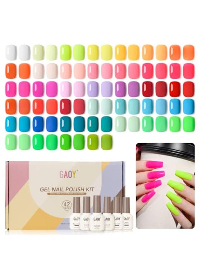 GAOY 42 Pcs Gel Nail Polish Kit Neon Summer Bright Pink Orange Coral Green Colors Gel Nail Polish Set with Glossy Matte Top Coat and Base Coat for Salon and DIY Manicure at Home