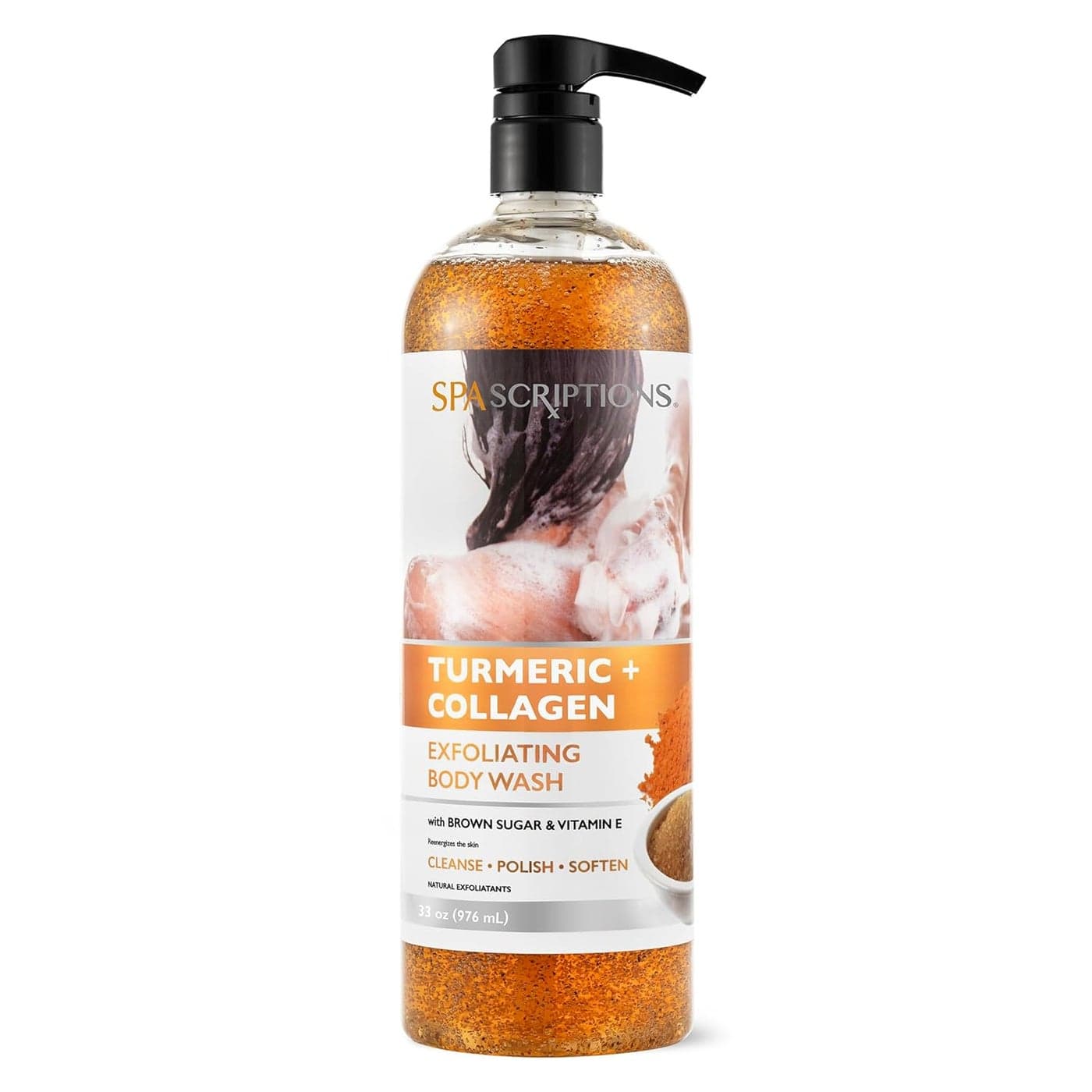 SpaScriptions Turmeric Collagen Exfoliating Body Wash 33 oz Brightening Body Scrub and Body Exfoliator Sugar Scrub with Brown Sugar and Vitamin E Exfoliates and Nourishes Skin Cruelty Free