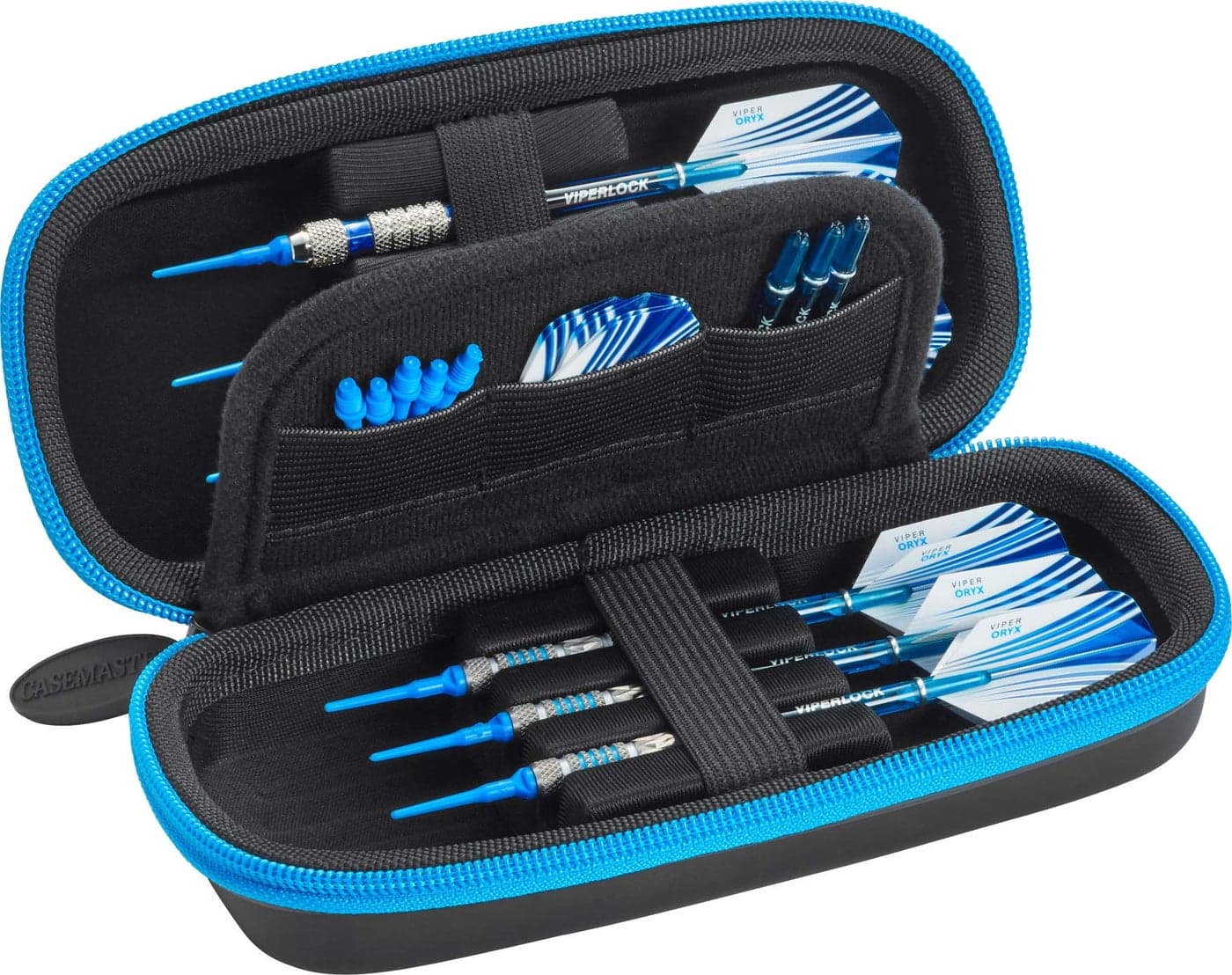 Casemaster Sentry 6 Dart Case - Slim, Holds Extra Accessories, Tips, Shafts and Flights - Compatible with Steel and Soft Tip Darts - Impact & Water Resistant TacTech Shell - Blue Zipper