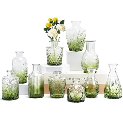 HASTHIP® 10pcs Glass Vase Set for Flowers, Transparent Green Gradient Glass Vases Decor Home Flower Vases Retro Embossed Bud Vase Set for Floral Arrangements