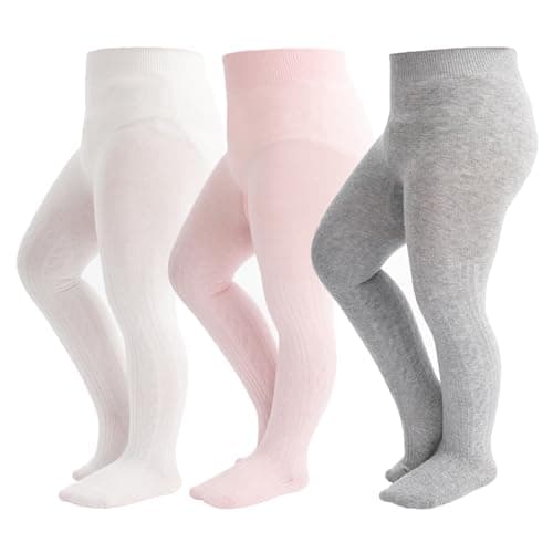 hakugoo Baby Tights Toddler Cable Knit Leggings 3 Pack Cotton Seamless Stockings Pantyhose 0-3 Months for Baby Girl Toddlers Girls Newborn Infants(White+Pink+Light Grey, 0-6 Months)