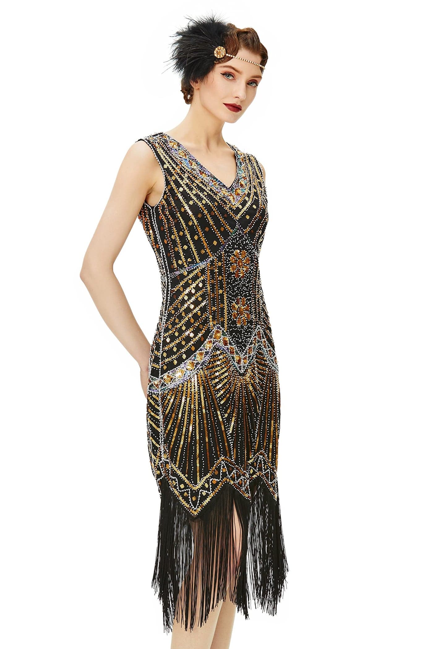 BABEYOND Womens Flapper Dresses 1920s V Neck Beaded Fringed Great Gatsby Dress Gold