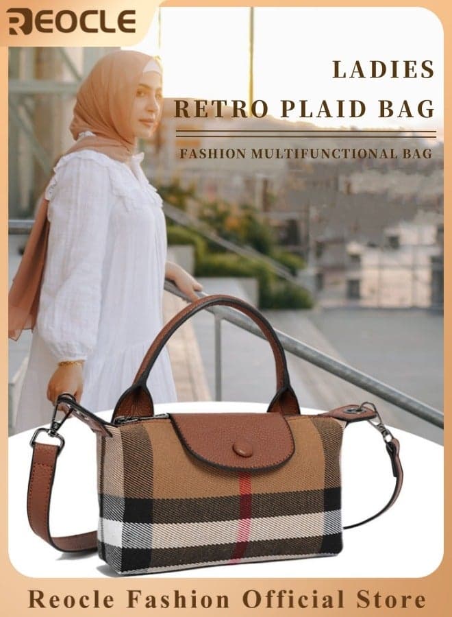 Women's Handbag Canvas Plaid Bag with Leather Handles Adjustable Shoulder Strap Small Size Stylish High-End Tote Bag Shoulder and Crossbody Bag