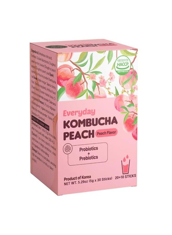 Unha's Everyday Kombucha Tea Powdered Beverage, 20 Sticks, Sparkling Powder Drink, Prebiotics, and Probiotics Sugar-Free - Peach Flavor