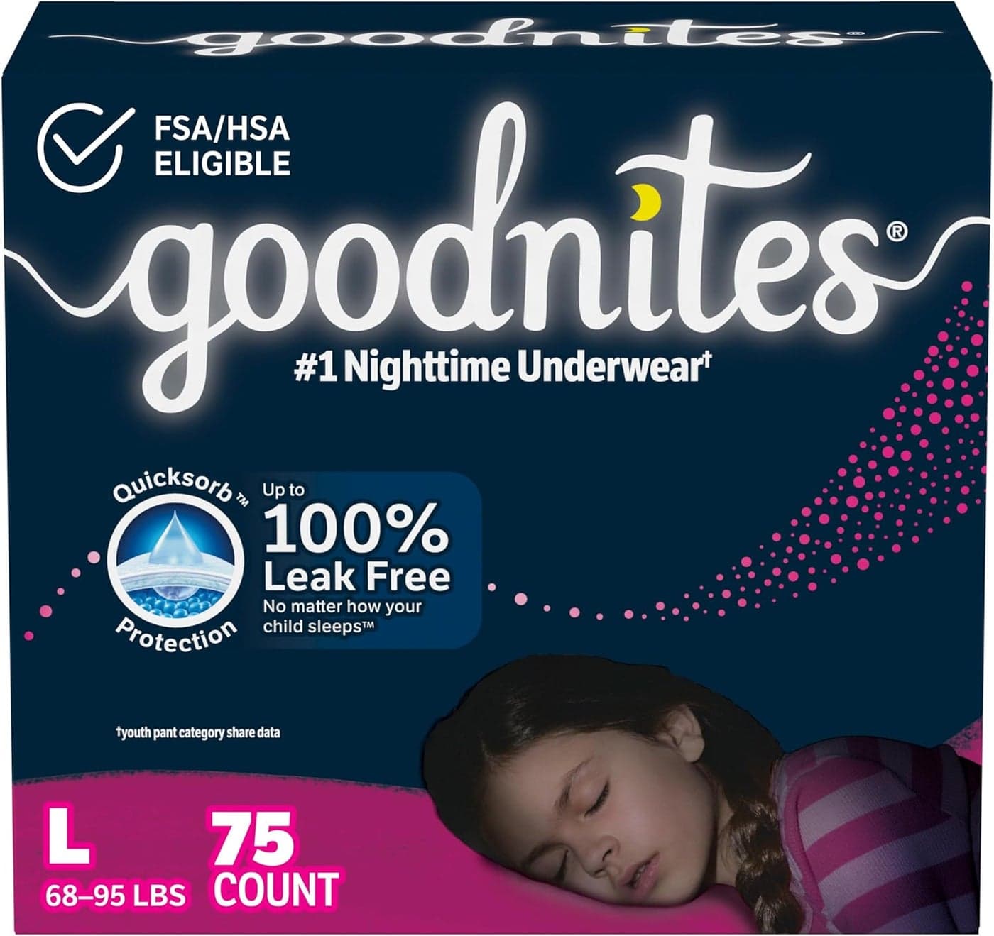 Goodnites Girls' Nighttime Bedwetting Underwear, Size Large (68-95 lbs), 75 Ct (3 Packs of 25), Packaging May Vary