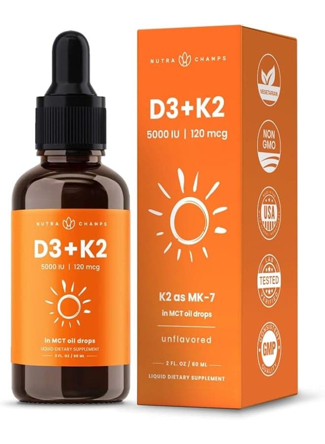 Vitamin D3 K2 Drops | Liquid Vitamin D3 5000 IU & K2 D3 with MK7 | Vitamin D Drops for Kids | Bones, Heart & Immune Health | Liquid Vitamin D in MCT Oil for Better Absorption Than Capsules & Gummies
