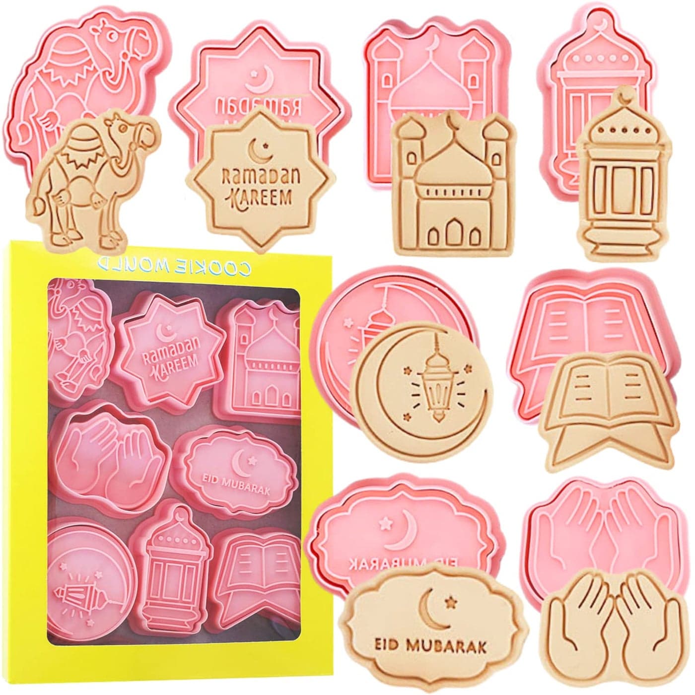 Crethinkaty Eid Mubarak Cookie Cutters8 Pieces Pressable Eid Mubarak Biscuit Cutters Set3D Eid Element Cookie Stamps