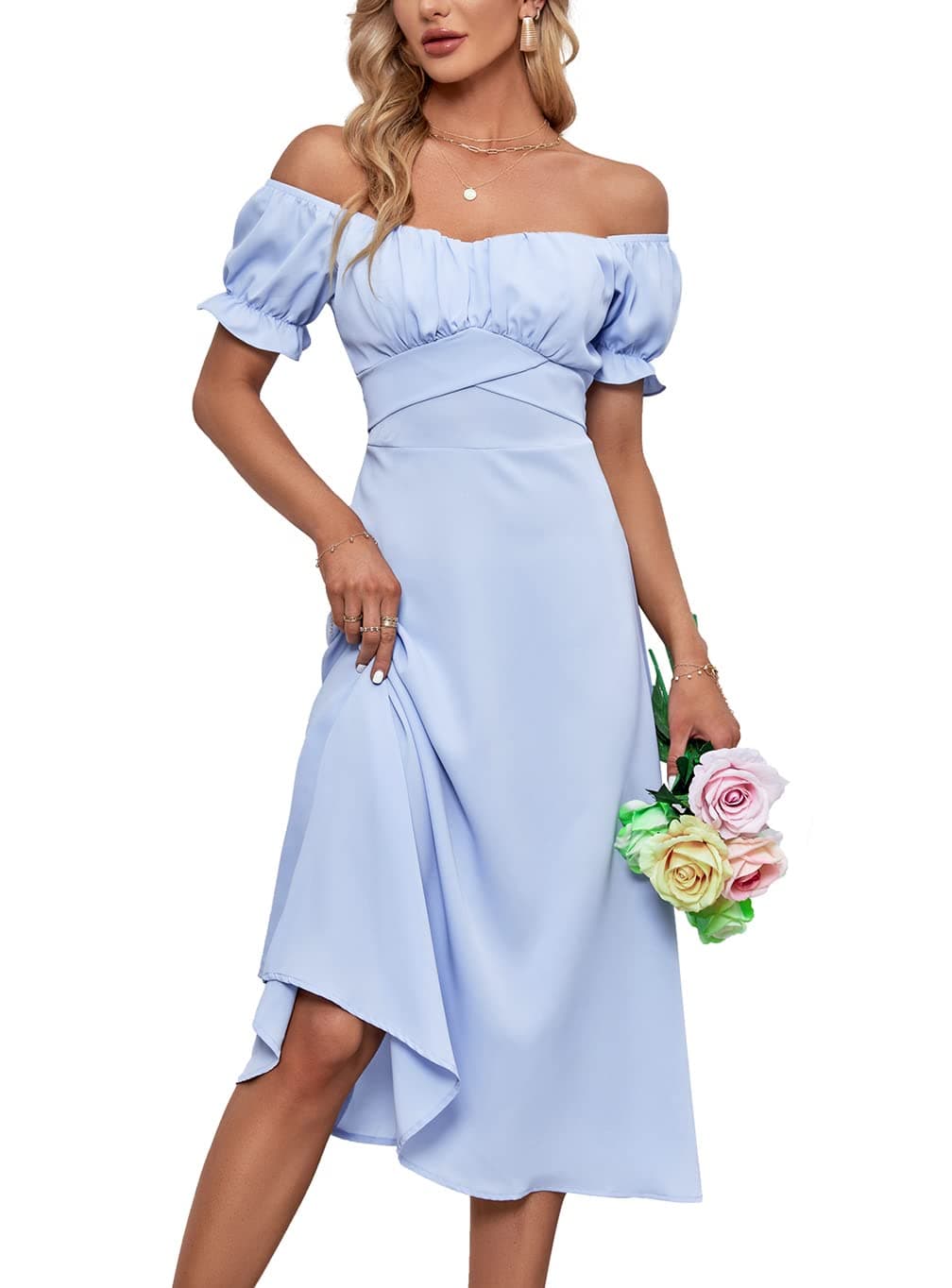 LYANER Womens Off Shoulder Wrap Ruffle Puff Short Sleeve Ruched Tie Back Dress Light Blue Medium